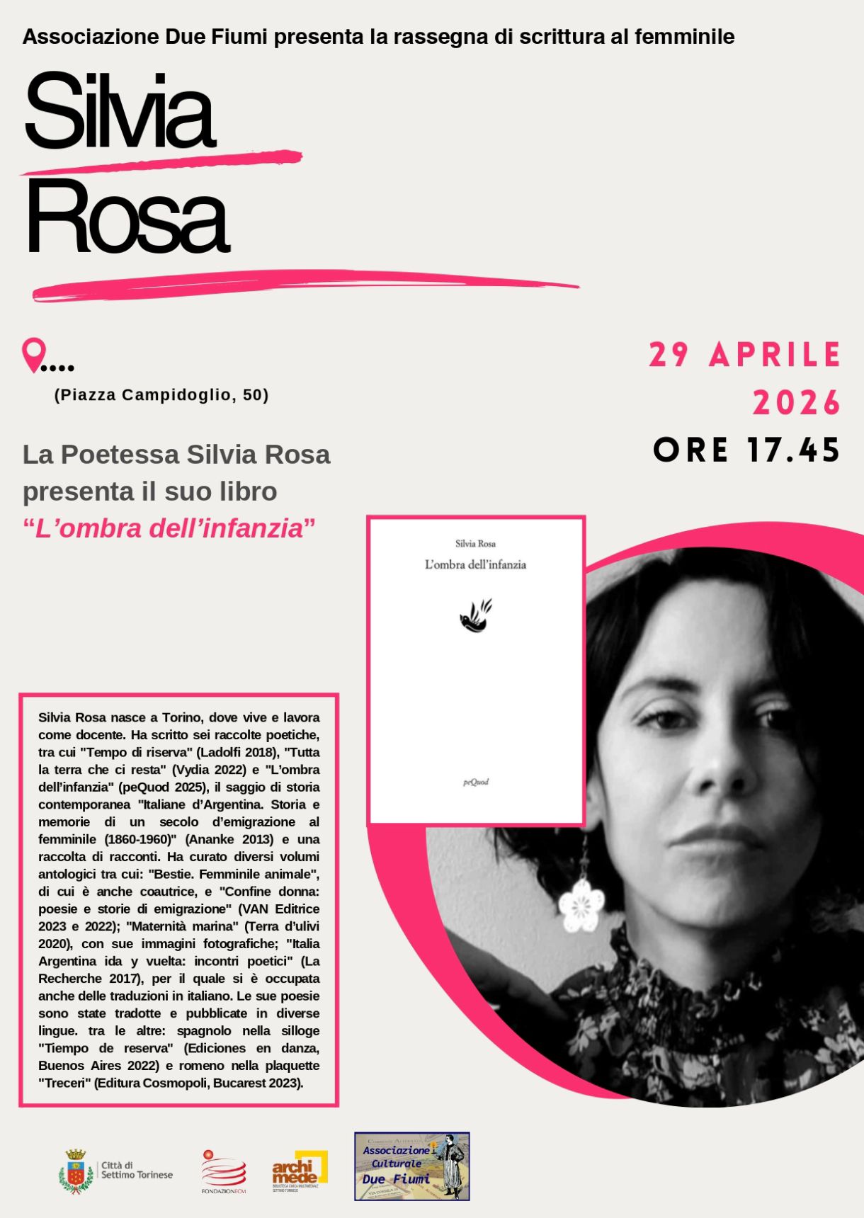 Mercoledì 29 aprile , ore 17,45 
Settimo Torinese, 
presentazione L’ombra dell’ infanzia