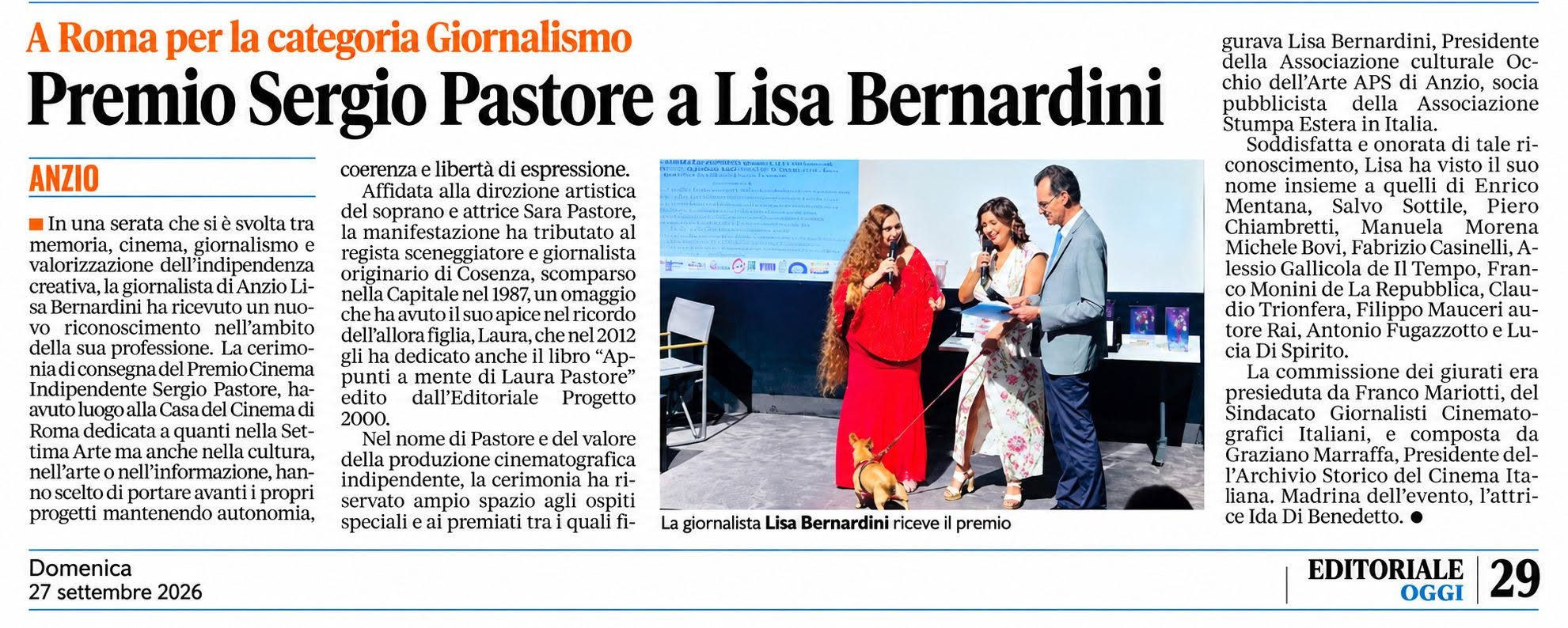 Premio Cinema Indipendente “Sergio Pastore”: la giornalista Lisa Bernardini nel prestigioso Board 2026