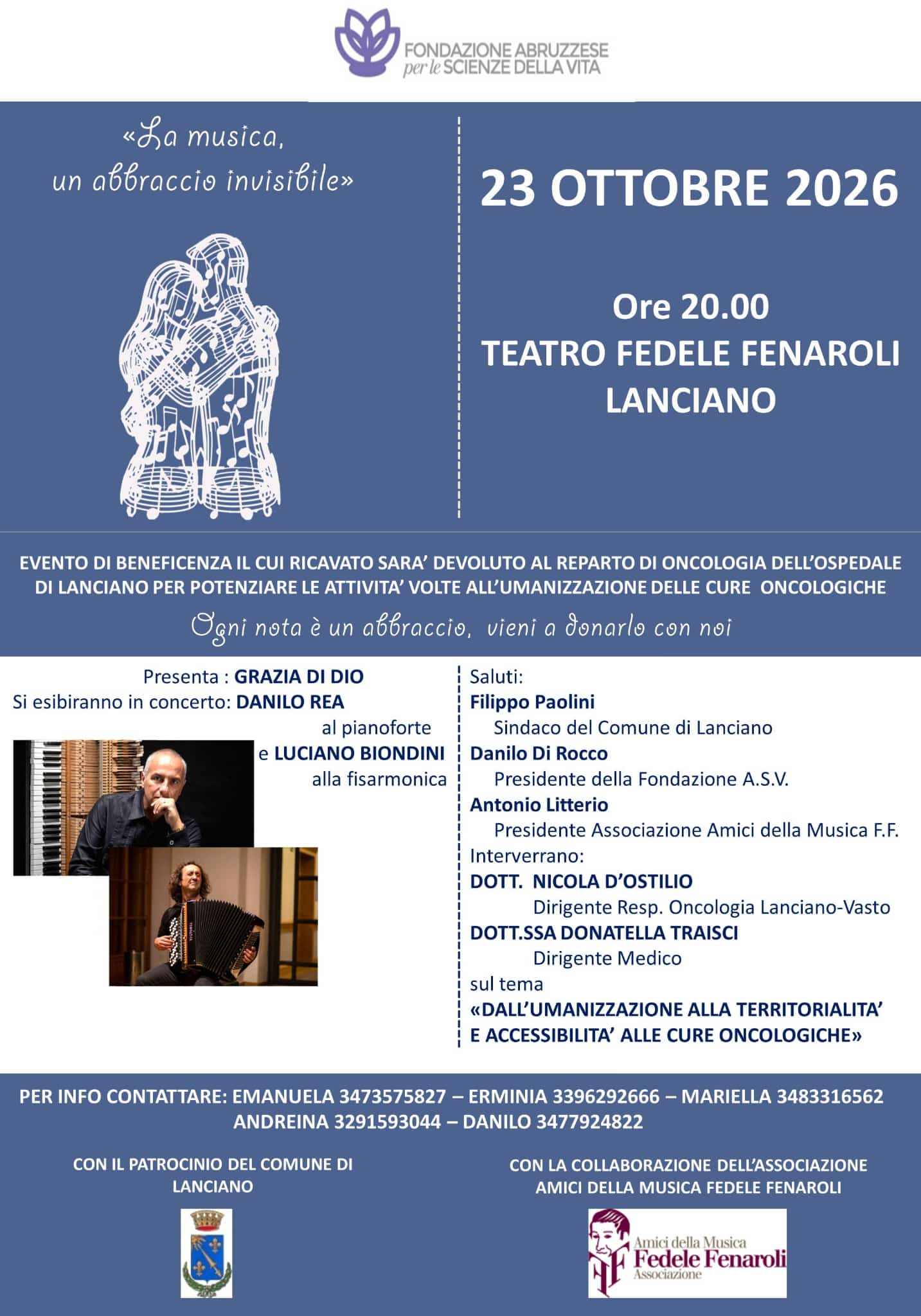 A Lanciano il 23 ottobre Teatro Fedele Fenaroli di Lanciano “Dall’umanizzazione alla territorialità e accessibilità alle cure oncologiche”